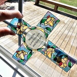 Stained Glass Suncatcher Cross Lilies Bible Verse Window Art Hanging Trinket